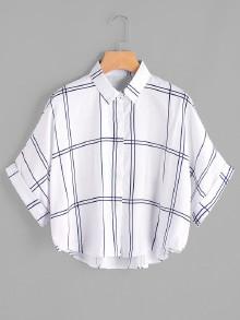 Romwe Grid Print Dip Hem Cuffed Blouse