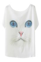 Romwe Cat Face Print Batwing Sleeves White T-shirt