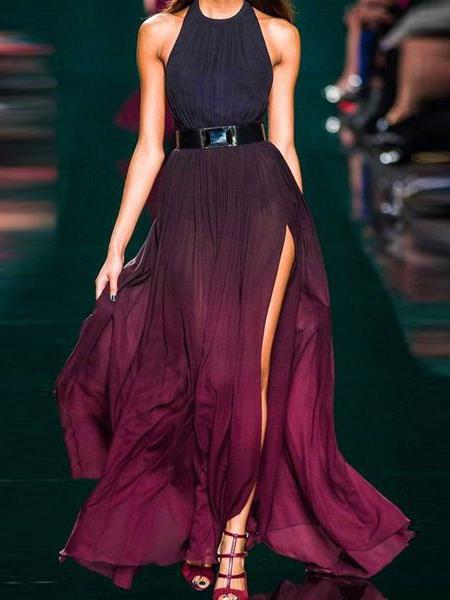 Romwe Halter High Slit Pleated Dress