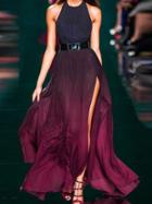 Romwe Halter High Slit Pleated Dress