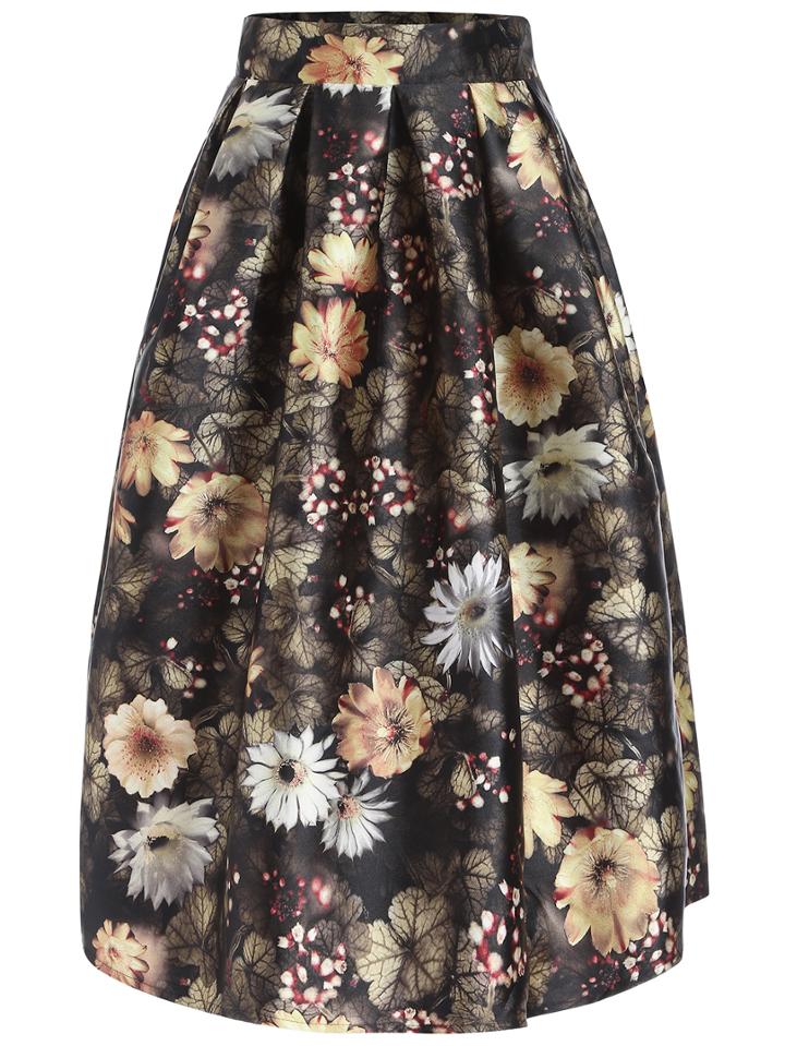Romwe Chrysanthemum Print Flare Skirt