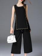 Romwe Black Contrast Lace Beading Top With Pants