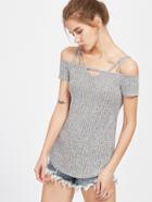 Romwe Space Dye Cutout Cold Shoulder Curved T-shirt