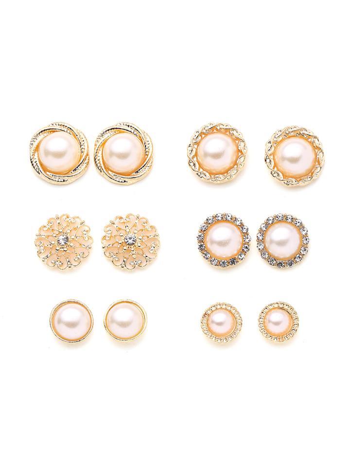 Romwe Faux Pearl And Rhinestone Design Stud Earring Set
