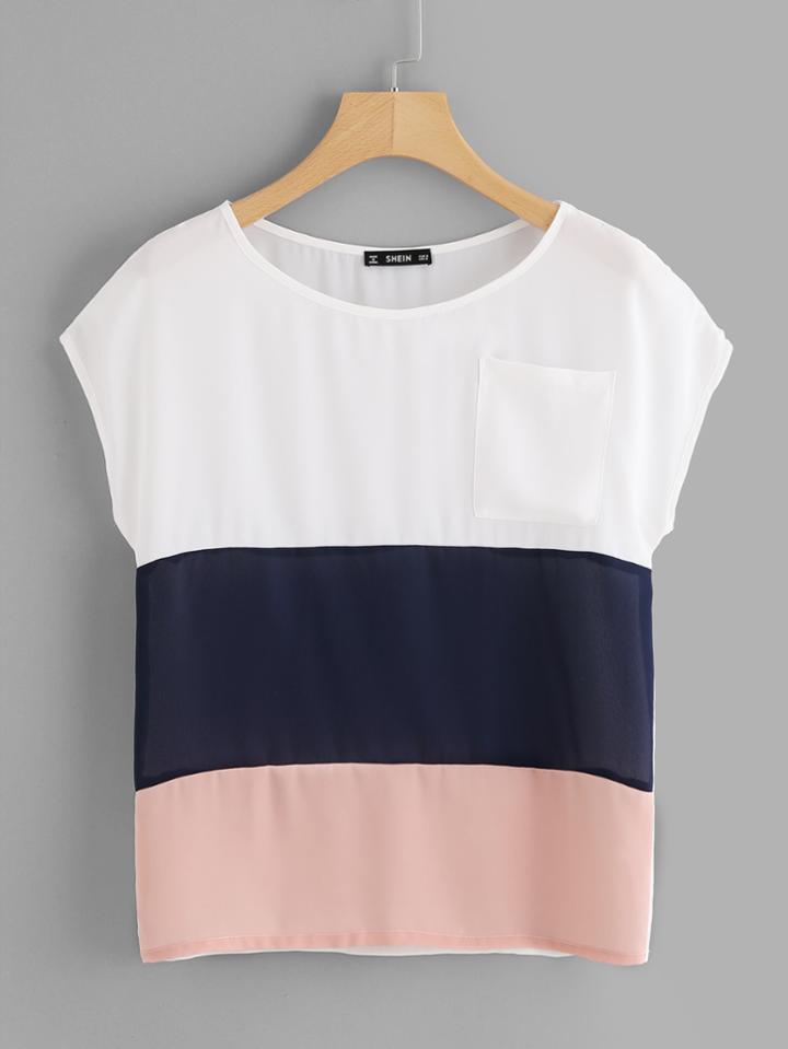 Romwe Patch Pocket Cut And Sew Top