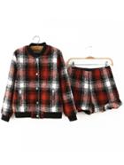 Romwe Checkered Buttons Top With Ruffle Red Shorts
