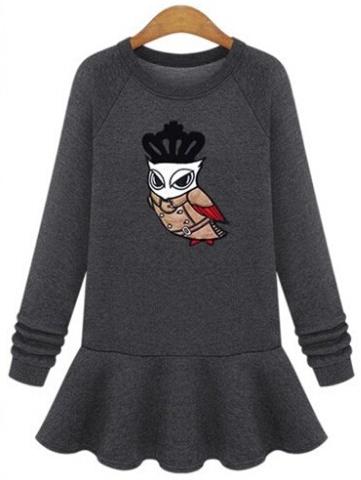 Romwe Owl Pattern Peplum Hem Grey Dress