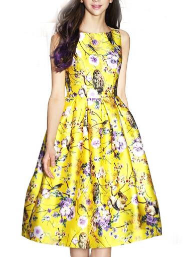 Romwe Yellow Sleeveless Owl Print Flare Dress