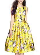 Romwe Yellow Sleeveless Owl Print Flare Dress