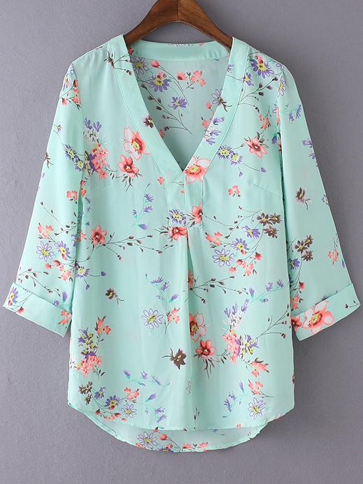 Romwe Multicolor V Neck Floral Print Chiffon Blouse