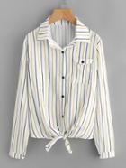 Romwe Vertical Striped Knot Front Shirt With Chest Pocket
