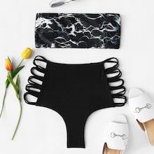 Romwe Marble Print Ladder Cut-out Bikini Set