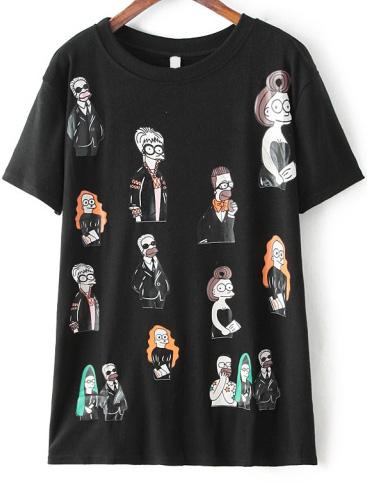 Romwe Cartoon Print Loose Black T-shirt