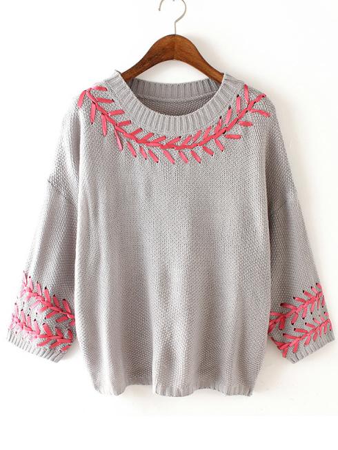 Romwe Knit Crochet Slit Back Grey Sweater