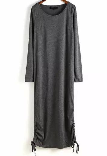 Romwe Dark Grey Round Neck Long Sleeve Drawstring Long Dress