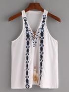 Romwe Lace-up Embroidered Tank Top - White