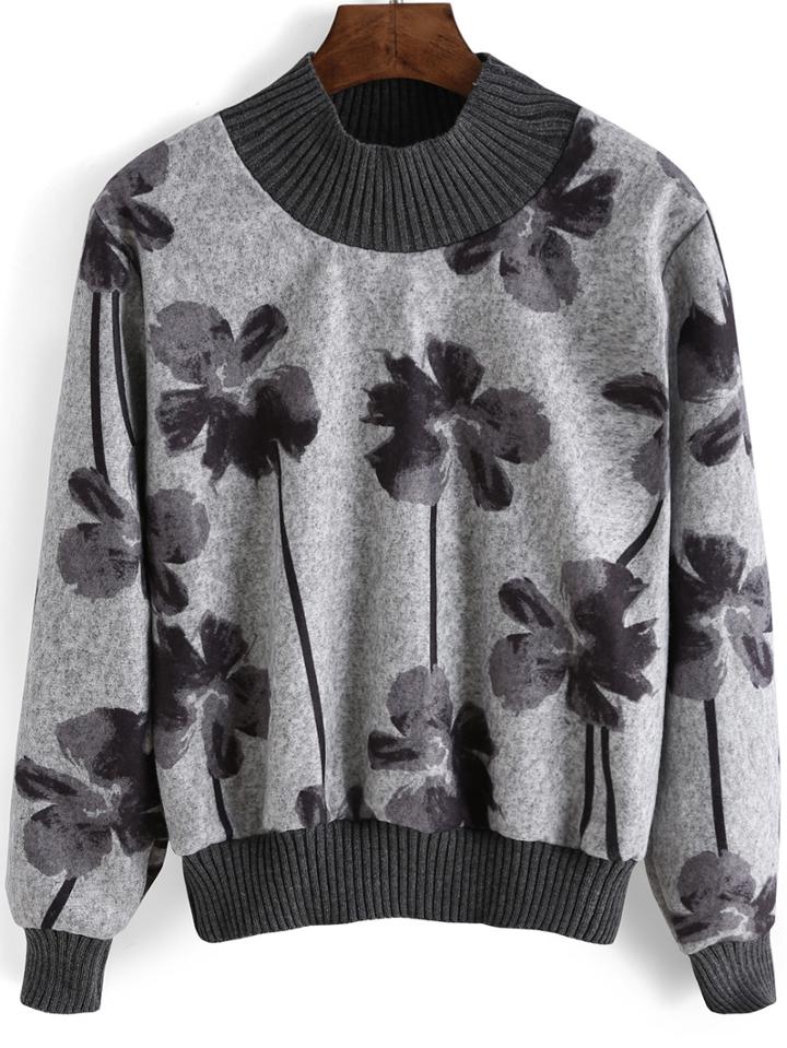 Romwe Mock Neck Floral Crop Sweatshirt