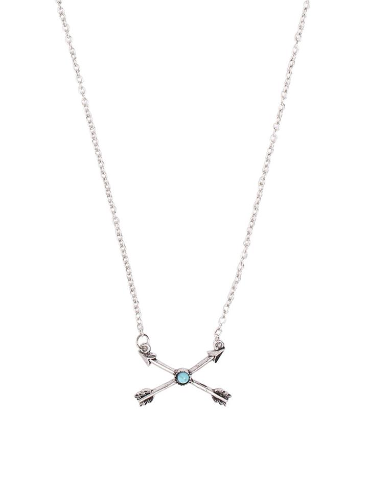 Romwe Antique Silver Cross Arrow Turquoise Pendant Necklace