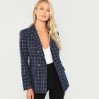 Romwe Double Breasted Notched Neck Plaid Blazer