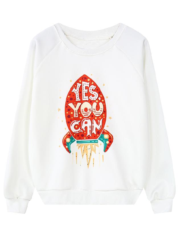 Romwe Rocket Print White Sweatshirt