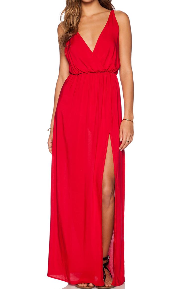 Romwe Red Deep V Neck Split Maxi Dress