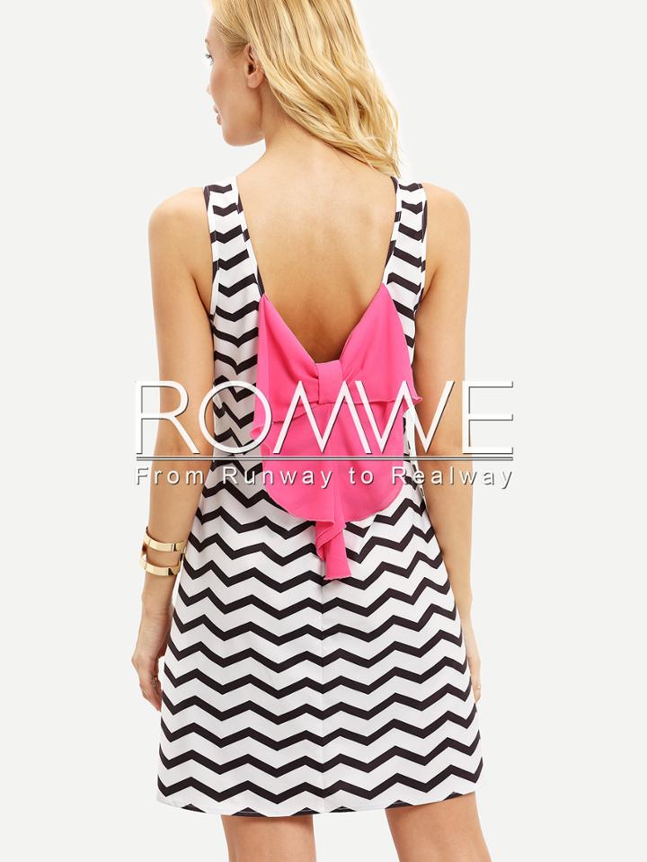 Romwe Black White Sleeveless Striped Bow Shift Dress