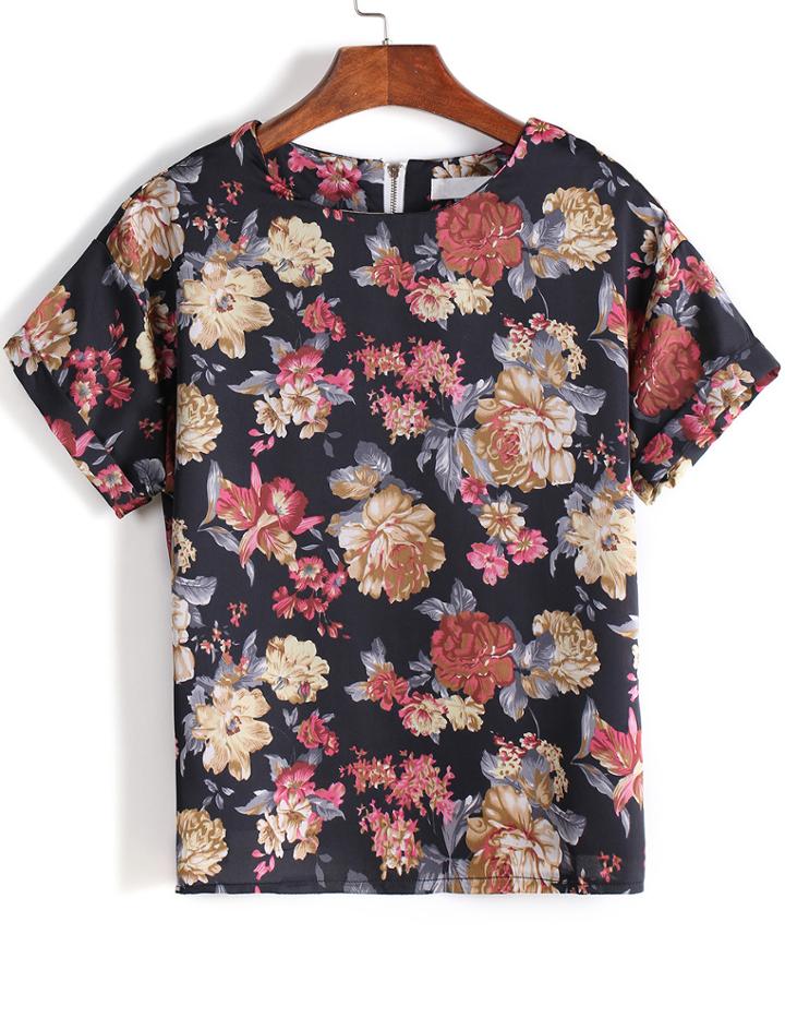 Romwe Round Neck Floral Chiffon T-shirt