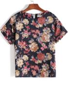 Romwe Round Neck Floral Chiffon T-shirt