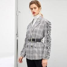 Romwe Ruffle Trim Double Breasted Plaid Blazer Without Belt