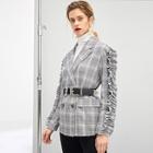 Romwe Ruffle Trim Double Breasted Plaid Blazer Without Belt