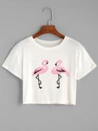 Romwe White Flamingos Print Split Side Crop Top