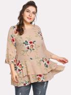 Romwe Fluted Sleeve Floral Print Tiered Hem Tee