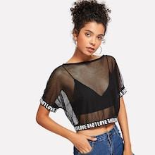 Romwe Letter Print Sheer Tee