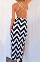 Romwe Spaghetti Strap Backless Zigzag High Low Dress