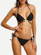 Romwe Halter Metal Detail Strappy Bikini Set - Black