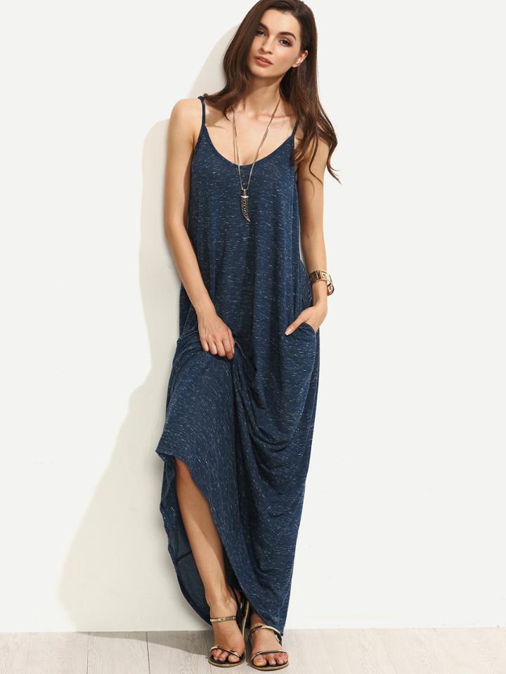 Romwe Heather Navy Full Length Swing Dress