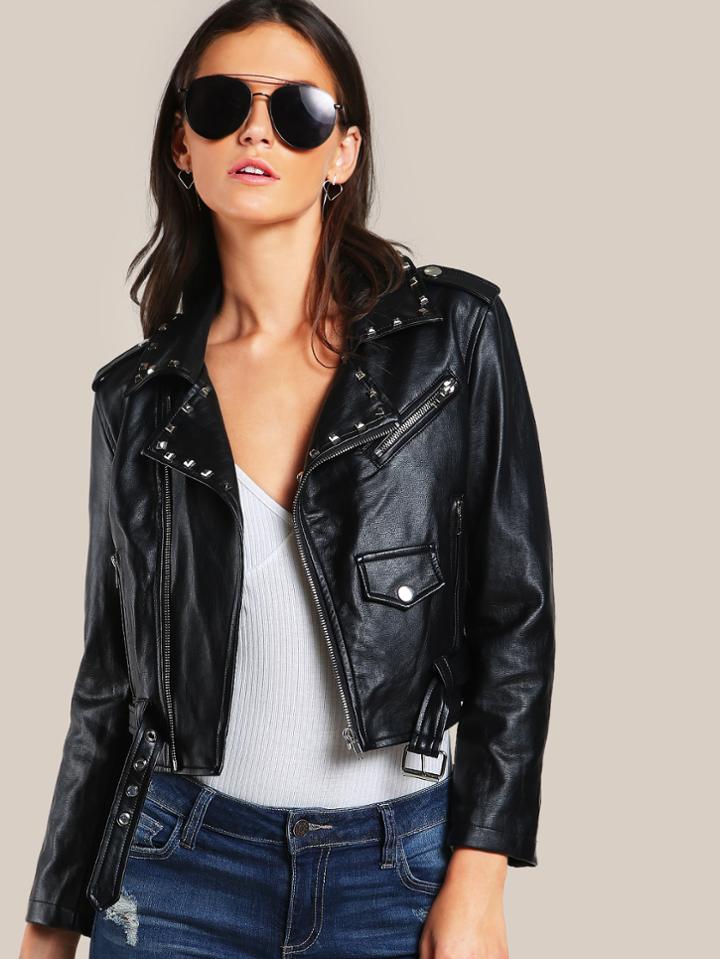 Romwe Rivet Detail Belted Hem Biker Jacket