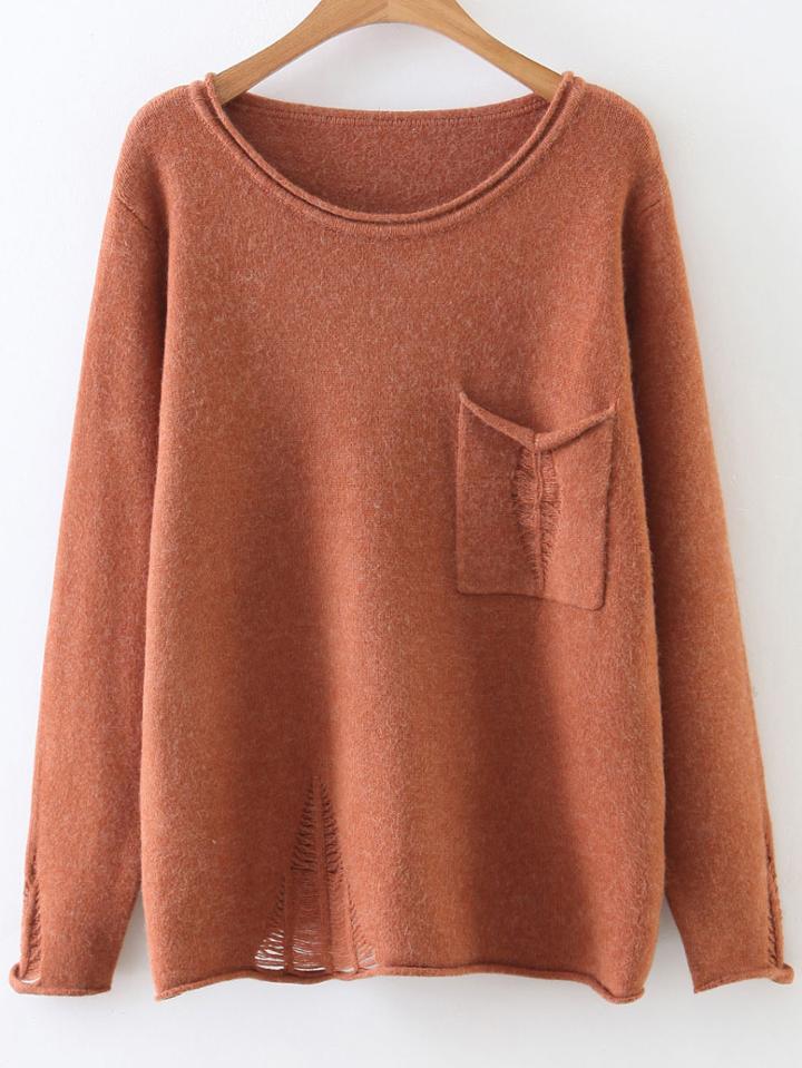 Romwe Khaki Rolled Trim Ripped Knitwear With Pocket