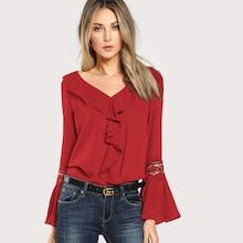 Romwe Lace Insert Ruffle Trim Flounce Sleeve Top