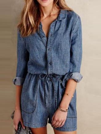 Romwe Lapel Buttons Pockets Denim Romper