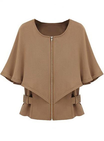 Romwe Half Sleeve Zipper Crop Cape Coat