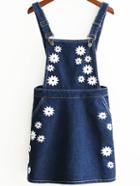 Romwe Blue Embroidered Zipper Back Pinafore Dress