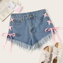 Romwe Ribbon Lace Up Raw Hem Denim Shorts