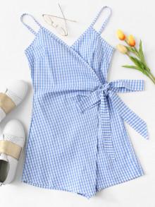 Romwe Tie Waist Gingham Cami Romper