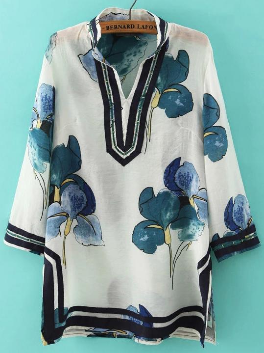 Romwe Stand Collar Vintage Ink Flower Print Split Blouse