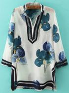 Romwe Stand Collar Vintage Ink Flower Print Split Blouse