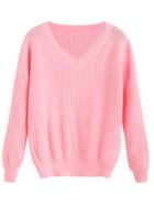Romwe Pink V Neck Drop Shoulder Sweater