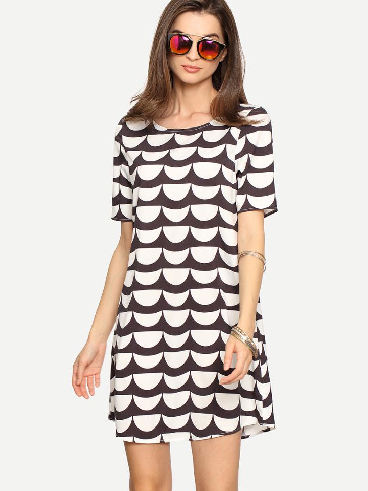 Romwe Black White Print Short Sleeve Dress