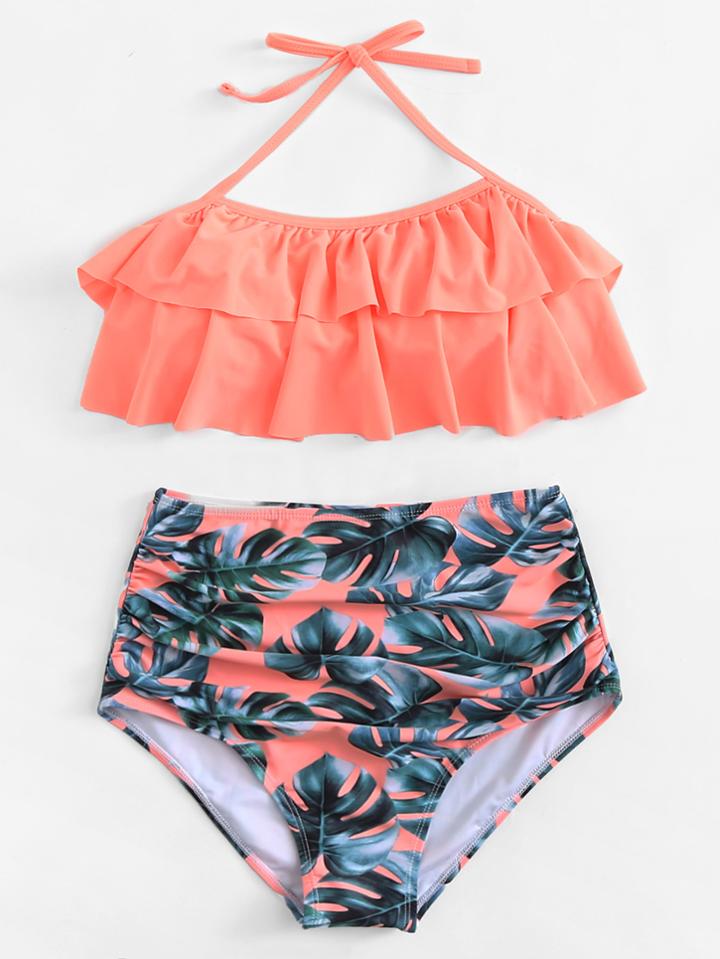 Romwe Palm Print Ruffle Bikini Set