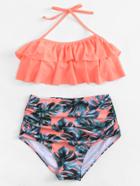 Romwe Palm Print Ruffle Bikini Set